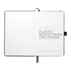 A black journal featuring recycled materials, with blank pages and a logo on the cover.
