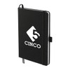 A black notebook with a logo, featuring a strap closure and lined pages.