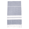 A 100% cotton Turkish towel in grey and white with tasselled edges, suitable for beach use.