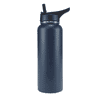 A drink bottle in navy blue with a black spout lid and a logo on the body.