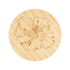 A round wooden coaster featuring an engraved hibiscus flower design. The wood has a natural finish.