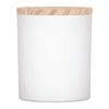 A white scented candle with soy wax, featuring a wooden lid. The candle is simple and elegant in design.