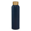 A drink bottle in navy blue with a bamboo lid, featuring a sleek, modern design and a branding logo.