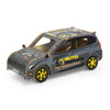 A wooden model of a hatchback car featuring black and yellow detailing, with an auto repair theme.