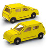 A yellow wooden model of a hatchback car, featuring a simple design and visible assembly joints, with a branding logo.
