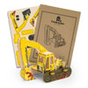 A yellow excavator wooden model kit with printed components and assembly instructions, presented in a kraft packaging.
