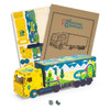 A large wooden model of a truck in bright yellow and blue with parts for assembly and a box. Includes branding.