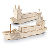 A wooden model of a cargo ship, featuring a natural wood finish with detailed sections and containers.