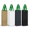 Four paper bags in gold, white, black, and dark grey, each with green ribbon handles. Each bag has a logo.