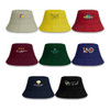 A variety of bucket hats in different colours, featuring various logos and designs.