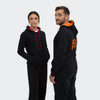 A unisex hoodie featuring a black exterior with a red and orange contrast hood. Includes a logo on the back.