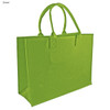 A green tote bag with two handles and a structured design, featuring a logo on one side.