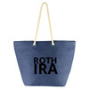A blue tote bag with rope handles and a logo printed on the front.