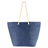 A navy blue tote bag with cream rope handles and a textured finish. It features a simple design with no visible branding.