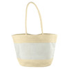 A cream and beige patterned tote bag features a woven design and two long handles. It includes a branding logo.