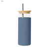 A drink bottle with a blue sleeve and bamboo lid, featuring a metal straw and a clear glass body.