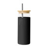 A drink bottle featuring a black sleeve, transparent glass body, bamboo lid, and stainless steel straw.