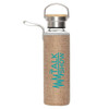 A drink bottle with a stainless steel top, natural bamboo lid, and a brown fabric sleeve. It features a logo.