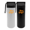 A drink bottle in white and black, featuring a logo, with a black lid and a carrying strap.