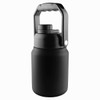 A drink bottle in matte black with a sturdy handle and a secure lid, featuring a simple design and a logo.