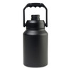 A drink bottle in matte black with a handle and a secure lid. The design features a simple, rounded shape.