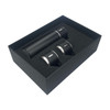 A drink bottle and two matching cups in a black gift box, featuring a sleek black design with silver accents.