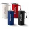 A drink bottle set featuring four travel mugs in white, red, blue, and black, each with a handle and a lid.