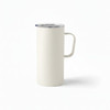 A travel mug in cream colour with a sturdy handle and a transparent lid. It features a branding logo.