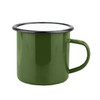 A green enamel camper mug with a black rim and a handle, featuring a simple design.