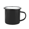 A black enamel camper mug with a white interior and a sturdy handle. It features a simple design and has branding.