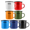 A set of enamel camper mugs in white, red, green, orange, black, and blue, featuring various designs and a logo.