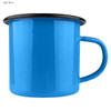 A light blue enamel camper mug with a black rim and handle, featuring a logo on one side.