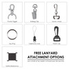 A graphic featuring various lanyard attachment options, including clips, rings, and a safety breakaway.