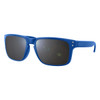 Blue sunglasses with a square frame and dark lenses. The design includes a logo on the side.