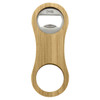 A drink bottle opener key ring made from bamboo with a stainless steel opener, featuring a simple design and a logo.