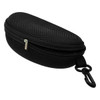 A black zippered case with a textured surface and a clip, ideal for holding glasses or small accessories.