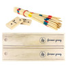 A wooden play set featuring colourful pick-up sticks and a set of dominoes, all in a natural wood finish.