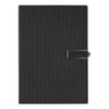 A black notebook with a textured cover and a silver clip closure, featuring a branding logo.
