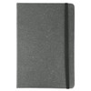 A grey notebook with a textured cover and an elastic band closure. It features a logo on the front.