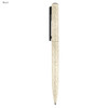 A pen in a cream shade with a textured surface and a black clip, featuring a logo on its side.