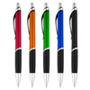 A set of five plastic pens in red, orange, green, blue, and black, each with a silver clip and branding.