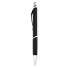 A black plastic pen with silver accents and a textured grip, featuring a clip and a logo.