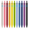 A collection of plastic pens in various colours, including white, pink, yellow, blue, green, red, and purple, with branding.