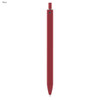 A red plastic pen with a sleek design and a logo near the top.