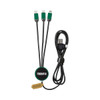 A charging cable with three connectors: USB, Lightning, and micro USB. It features a green and black design.