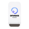 A white wireless charger with a rounded design, featuring a logo and a smooth surface.
