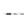 A white pen featuring black, red, and grey accents, with a logo on the barrel.