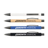 A set of four Aspen Paper Pens in white, kraft, blue, and black, each with a logo.