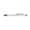 A white pen with a black tip and clip, featuring a logo on its side.