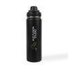 A drink bottle in matte black stainless steel with a logo and a screw-top lid.